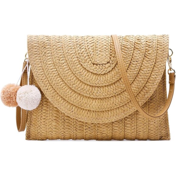 🆕Women Straw Brown Linen Clutch Purse Beach Envelope  Crossbody Shoulder Bag - Picture 1 of 6